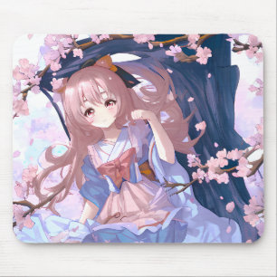 Cute Anime Girl under en Cherry Blommar Träd Musmatta