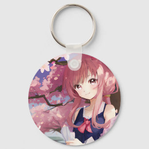 Cute Anime Girl under en Cherry Blommar Träd Nyckelring
