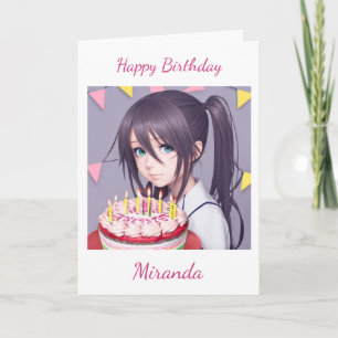 Cute Anime Girl with Birthday Cake Kort