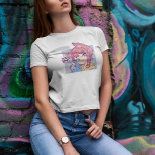 Cute Anime Girl with Cat Öron T Shirt