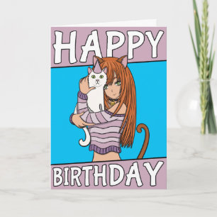 Cute Anime Girl with Cute Pet Card Birday Card Kort