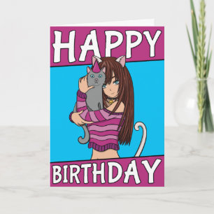 Cute Anime Girl with Cute Pet Card Birday Card Kort