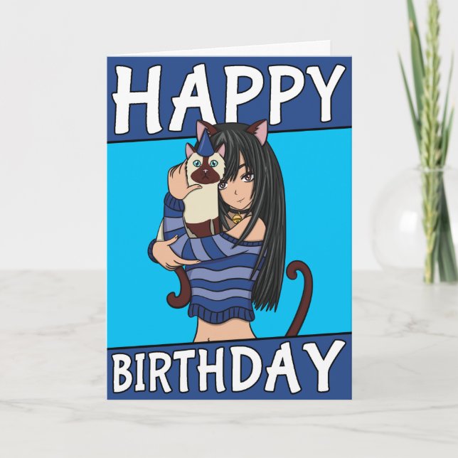 Cute Anime Girl with Cute Pet Card Birday Card Kort (Framsida)