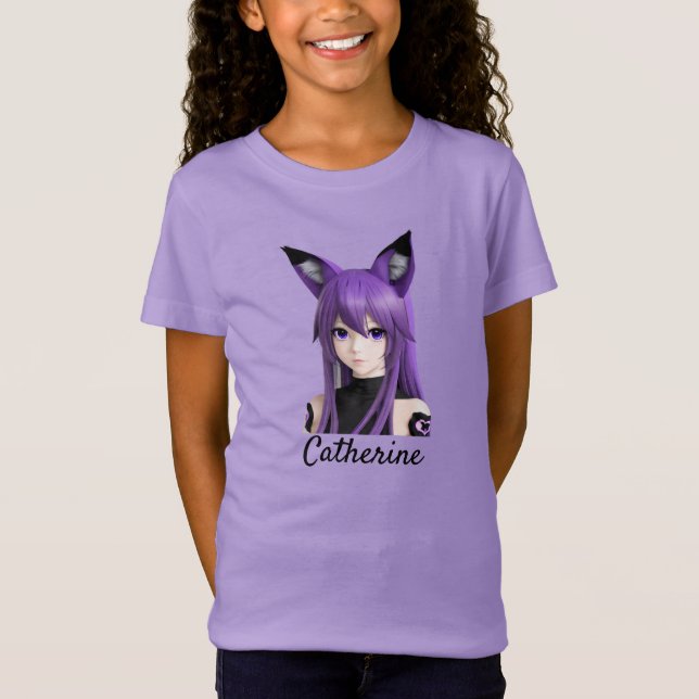 Cute Anime Girl with Fox Öron Personlig T Shirt (Framsida)