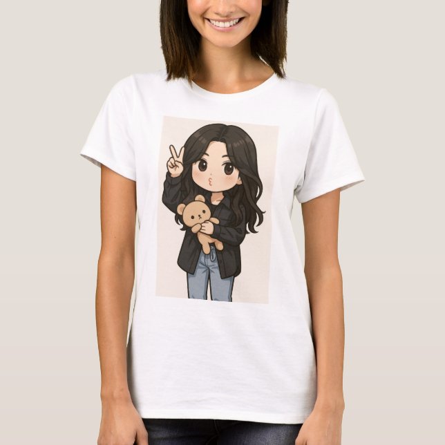 Cute Anime Girl with teddy bear peace sign T-Shirt (Framsida)