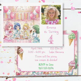 Cute Anime Girl's Ice Cream Birthday Party Photo Inbjudningar