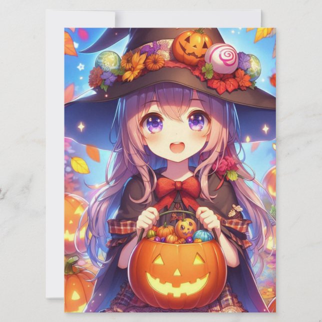 Cute Anime Halloween Witch Julkort (Framsida)