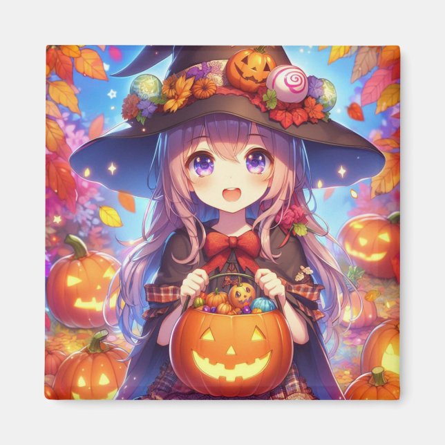 Cute Anime Halloween Witch Magnet (Framsidan)