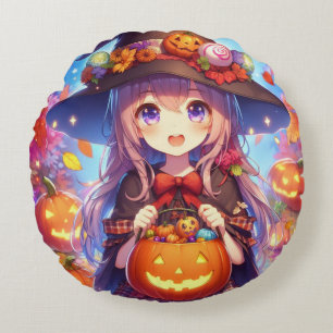 Cute Anime Halloween Witch Rund Kudde
