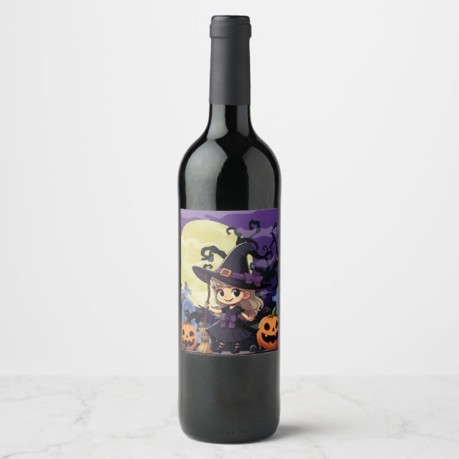 Cute Anime Halloween Witch Vinflaska Etikett (Framsida)