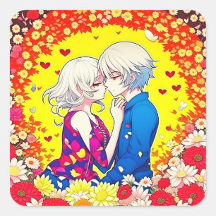 Cute Anime, Hearts och Flowers Fyrkantigt Klistermärke