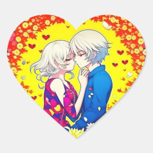 Cute Anime, Hearts och Flowers Hjärtformat Klistermärke