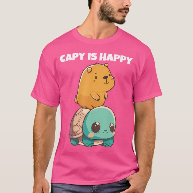 Cute Anime Kawaii Animals Turtle och Lycklig Capyb T Shirt (Framsida)