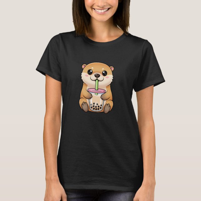 Cute Anime Otter Drinking Boba Kawaii Bubble Tea L T Shirt (Framsida)