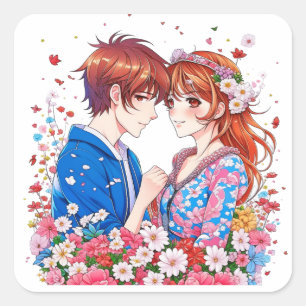 Cute Anime par Cuddling Fyrkantigt Klistermärke