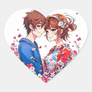 Cute Anime par Cuddling Hjärtformat Klistermärke