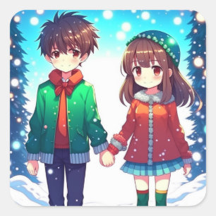 Cute Anime par Holding Händer jul Fyrkantigt Klistermärke