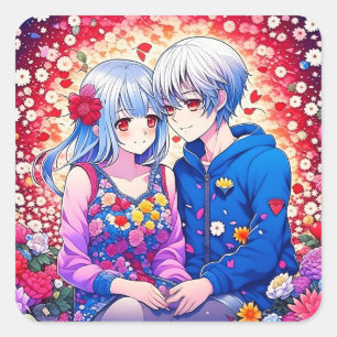 Cute Anime par omgiven av Flowers and Heart Fyrkantigt Klistermärke