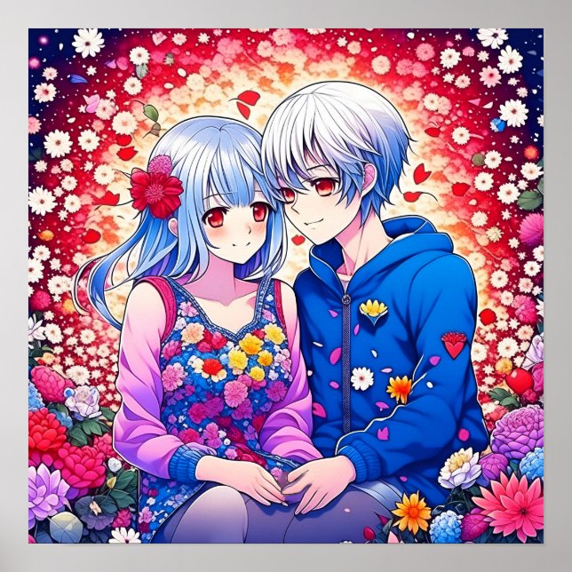 Cute Anime par omgiven av Flowers and Heart Poster (Framsidan)
