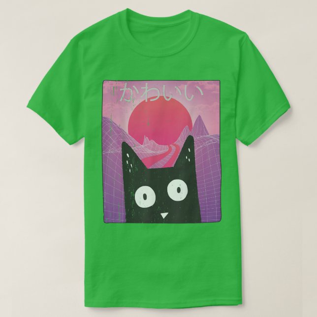 Cute Anime Retro Kitten Neko Synthwave Japan 80s M T Shirt (Design framsida)