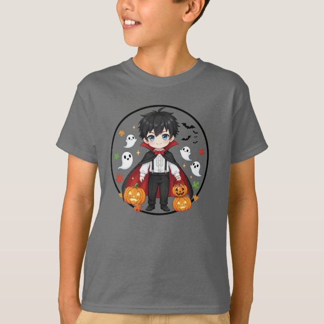 Cute Anime Vampire Boy Halloween Kids T-Shirt (Framsida)