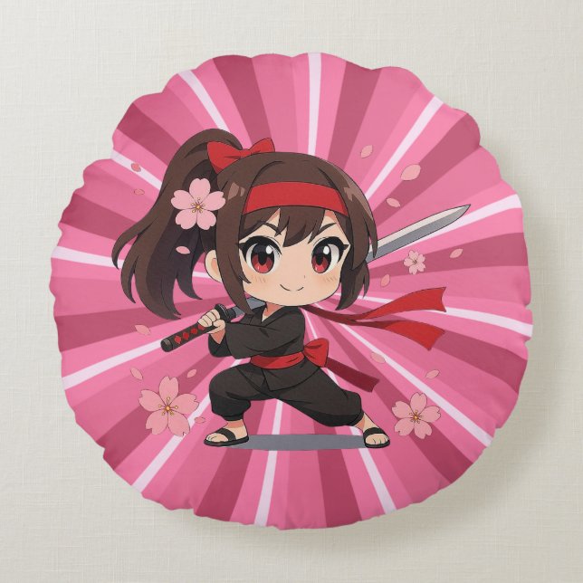 Cute anime warrior blossom girl rund kudde (Framsidan)