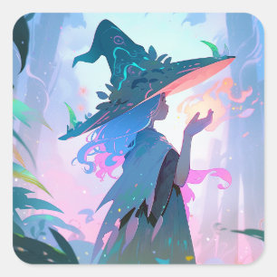 Cute Anime Witch Girl Fantasy Art Fyrkantigt Klistermärke