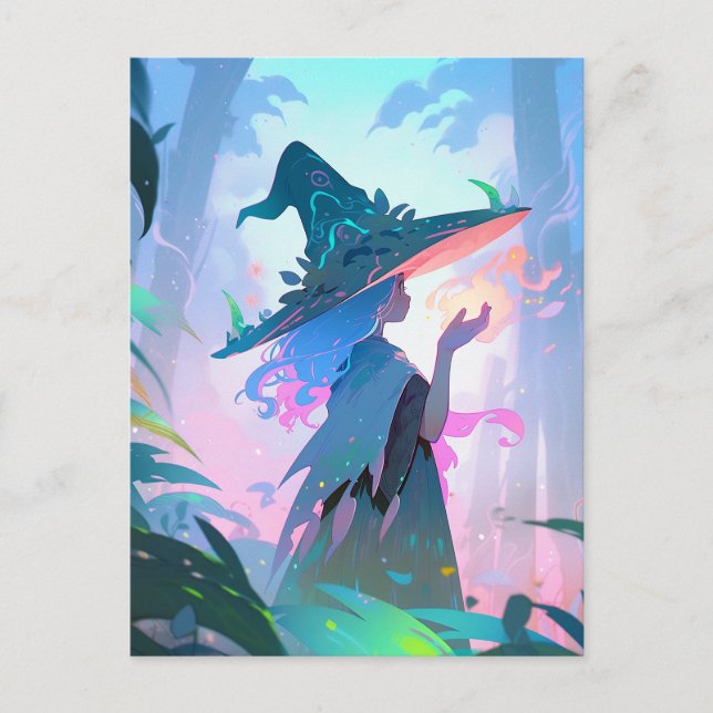 Cute Anime Witch Girl Fantasy Art Vykort (Framsida)