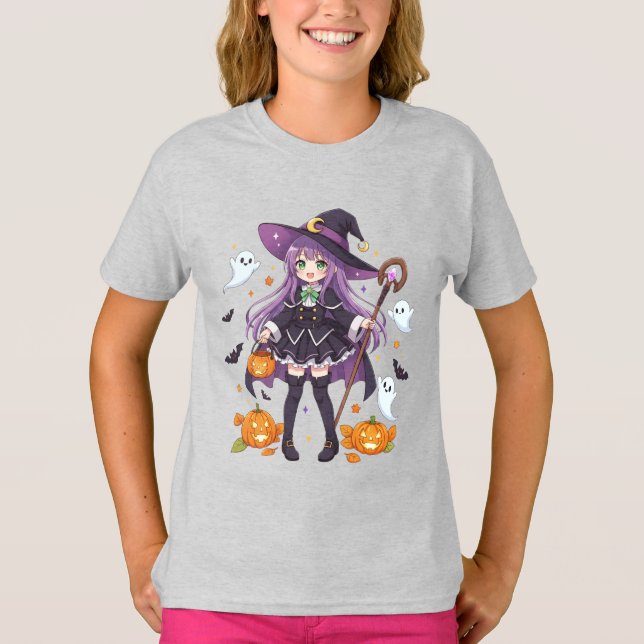 Cute Anime Witch Girl Halloween Kids T-Shirt (Framsida)