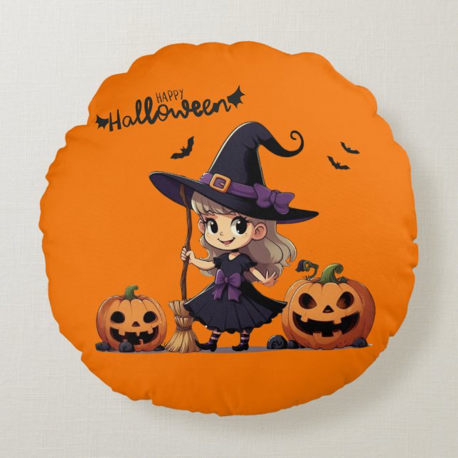 Cute, animera Halloween-häxa Rund Kudde (Framsidan)