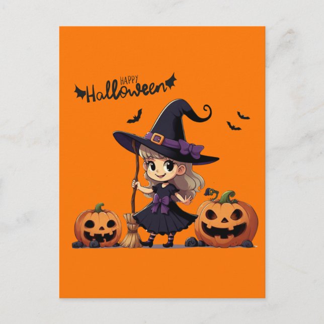 Cute, animera Halloween-häxa Vykort (Framsida)
