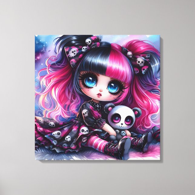 Cute Animerad Doll, Panda Bear och Döskallar Canvastryck (Framsida)