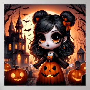 Cute Animerad Girl, Haunted House och Pumpkins Poster