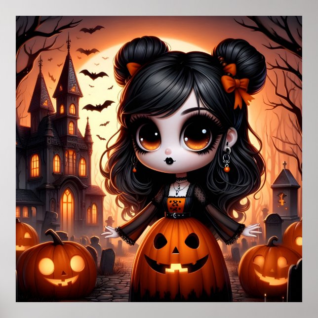 Cute Animerad Girl, Haunted House och Pumpkins Poster (Framsidan)