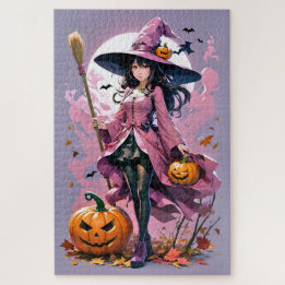 Cute Animerad Halloween Witch, Jack-O-Lanternor Pussel
