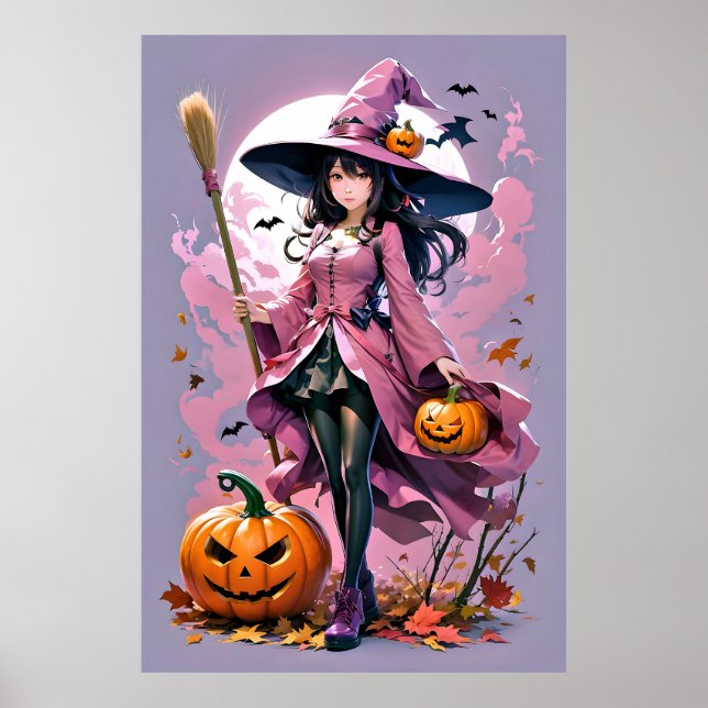 Cute Animerad Halloween Witch Poster (Framsidan)