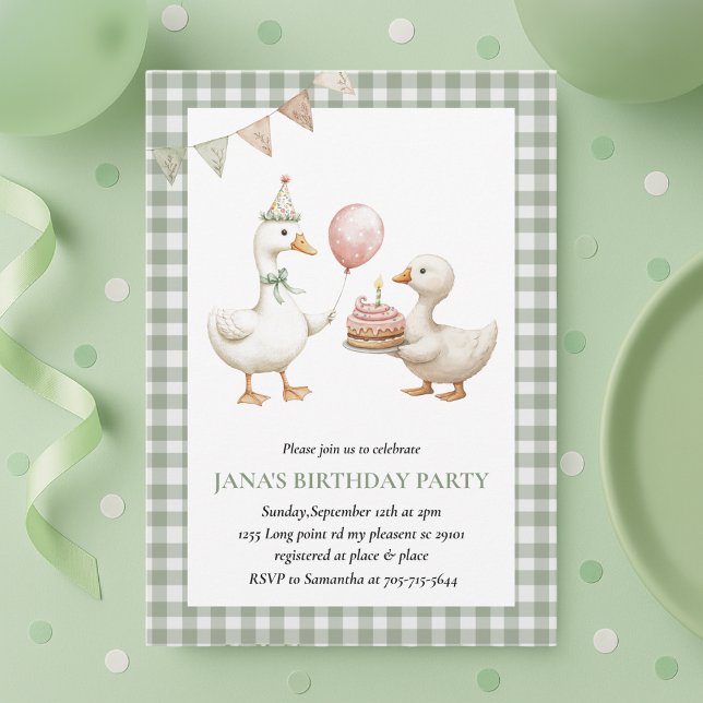 Cute Anka Grönt Gingham Birthday Inbjudningar (Skapare uppladdad)