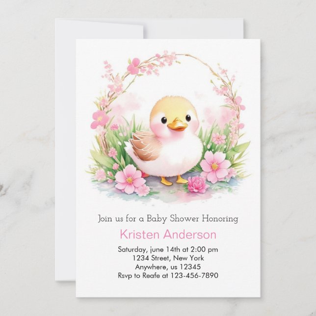 Cute Anka Meadow Rosa Blommigt Girl Baby Shower Inbjudningar (Framsida)