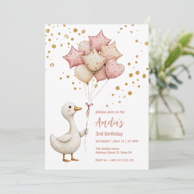 Cute Anka med ballonger Barn Birthday-inbjudan Inbjudningar (Stående Fram)