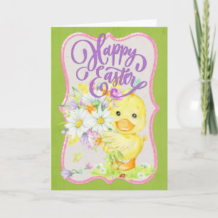 Cute Anka med Vår blommor - Glad påsk Helgkort
