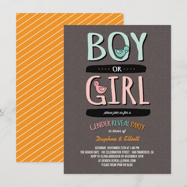 Cute Anka Pojke eller Girl Gender Reveal Party Inbjudningar (Fram/baksida)