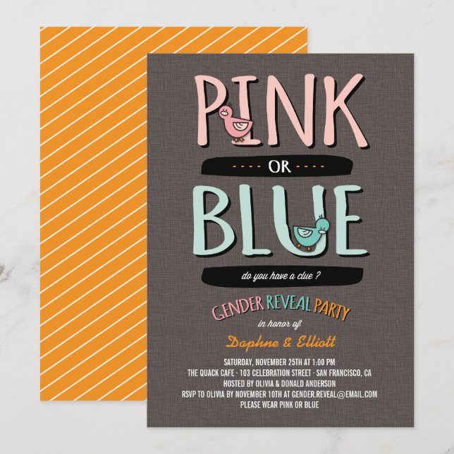 Cute Anka Rosa eller Blue Baby Gender Reveal Party Inbjudningar (Fram/baksida)