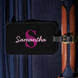 Cute Anpassade Rosa & Black Monogram-skript Bagagebricka