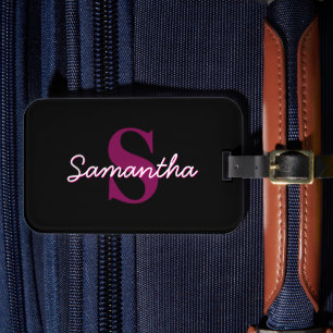 Cute Anpassade Rosa & Black Monogram-skript Bagagebricka