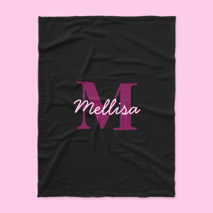Cute Anpassade Rosa & Black Monogram-skript Fleecefilt