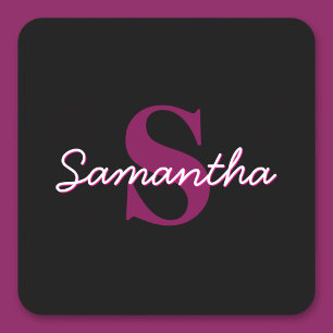 Cute Anpassade Rosa & Black Monogram-skript Fyrkantigt Klistermärke