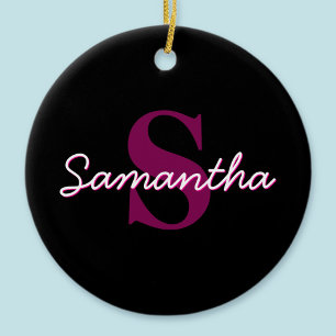 Cute Anpassade Rosa & Black Monogram-skript Julgransprydnad Keramik