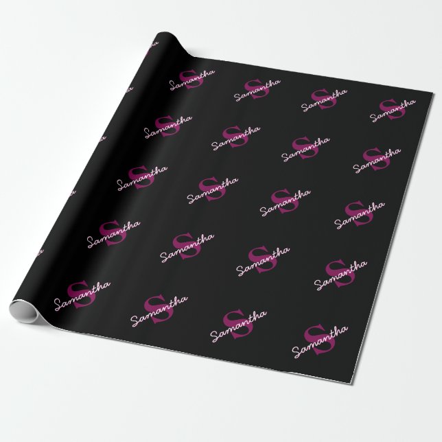 Cute Anpassade Rosa & Black Monogram-skript Presentpapper (Utrullad)