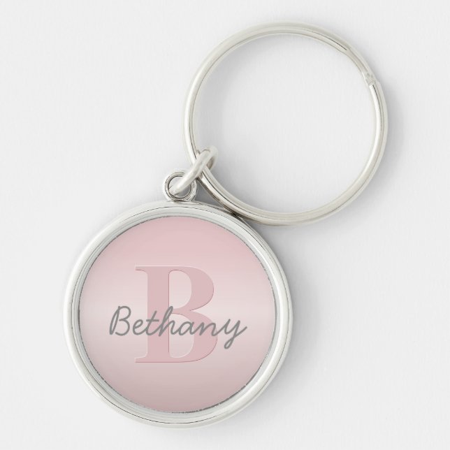 Cute Anpassade Rosa Monogram och ditt namnskript Rund Silverfärgad Nyckelring (Framsidan)