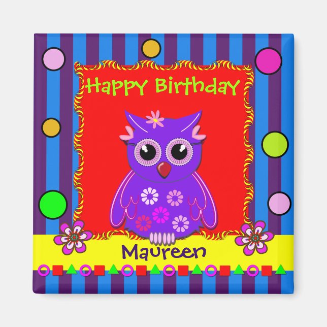Cute anpassade Uggla Birthday Magnet med text (Framsidan)